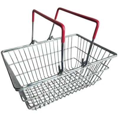 Small Metal Wire Shopping Basket 7”x 5”x 3.25” Silver Red Rubber Coated Handles - Image 1 of 3
