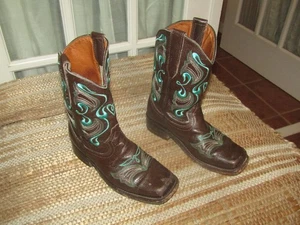 Wildflowers Brown Square Toe Fancy Embroidery Cowgirl Boots Youth size 13 Mex 20 - Picture 1 of 10