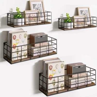 Set 4 Mensole Da Parete Design Industrial in Legno Color Noce Con Staffe in Meta - Immagine 1 di 4