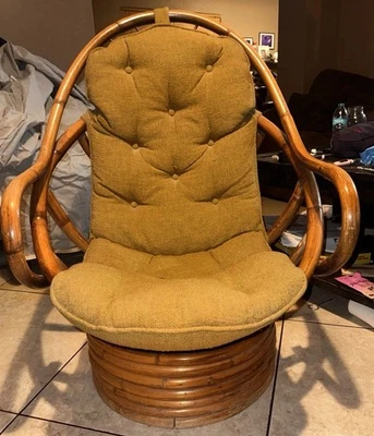 Bamboo Rattan Swivel Chair with Padded Cushion Green Vintage Mid Century Modern - Image 1 of 4
