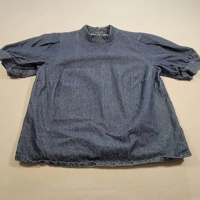 Who What Wear Denim Blouse Women's Size Small Blue Top Puff Sleeve Mock Neck - Image 1 of 4