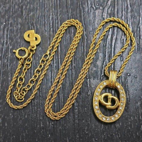 Collana Christian Dior placcata oro CD ovale strass ciondolo #924c rialzo