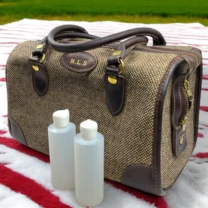 Vintage Marshall Fields Leather Tweed Monogram Frame Footed Travel Beauty Case - Picture 1 of 15