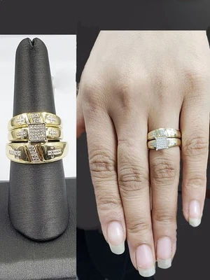 1Ct Round Cut Moissanite His Her Trio Set Wedding Ring 14K Yellow Gold Plated - Image 1 of 4