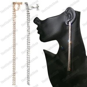 CLIP ON 6"long SPARKLY CRYSTAL glass rhinestone EARRINGS GOLD/SILVER FASHION - Picture 1 of 14