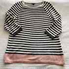 XL Talbots Blue and White Striped 3/4 Sleeve Crewneck Sweater with Pink at Hem