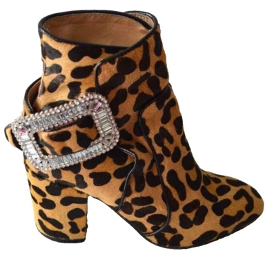 Roger Vivier "Polly" guepardo pelo de becerro piel pilgrama botas al tobillo IT 34 US 4 $1395  Foto 1 de 4