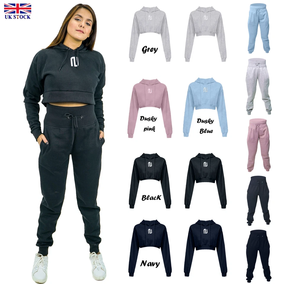Women's Co-Ord Crop-Top Hoodie & Joggers Sweatpant Loungewear Ladies Tracksuit - Image 1 of 1