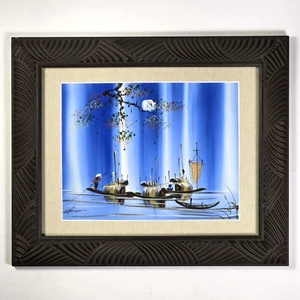 Matted & Framed Original Vietnamese Painting on Silk ~ Sampan Fishing Boats - Picture 1 of 14