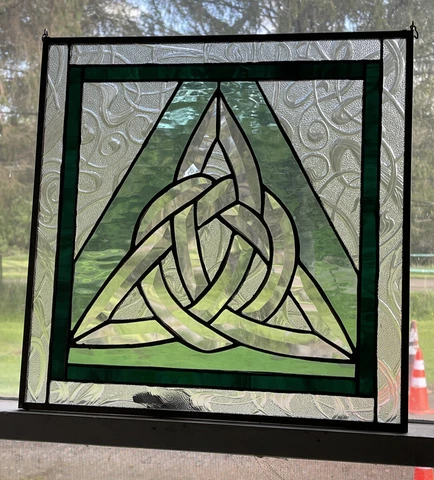 Celtic Inspired knot Emerald Green Clear Beveled Stained Glass Panel 15” square Cover