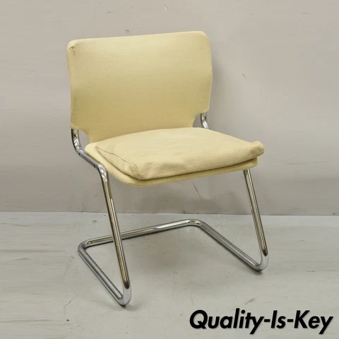 Mid Century Modern Tubular Chrome Cantilever Side Chair with Burlap Seat Cover