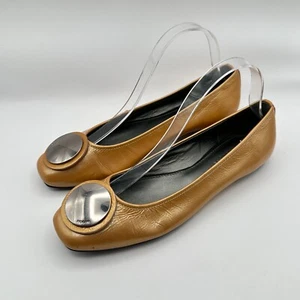 Hogan Ballet Flats Shoes Womens 6.5 Gold Patent Leather Embellish Silver Disc - Picture 1 of 13