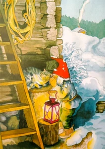 Postal Arte Cabaña Tomte Gnomo Nieve Invierno Linterna Gato Gatito Inge Look Finlandia - Imagen 1 de 1