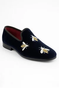 Boys Slip On Loafers with Embroidered bees Navy Velvet Wedding Prom Shoes - Picture 1 of 5