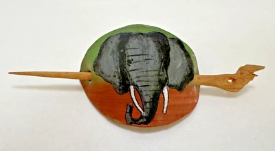 Vintage Leather Hair Clip & Wood Stick Ponytail Holder Barrette Elephant - Image 1 of 3