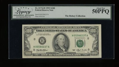 DBR 1993 $100 FRN St. Louis Fr. 2174-H Legacy AU-50 PPQ Serial H05586237A - Image 1 of 2