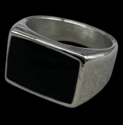 ANELLO UOMO PIETRA RETTANGOLARE NERA ACCIAIO INOX MISURA 17 ITALIANA +BOX REGALO - Immagine 1 di 4
