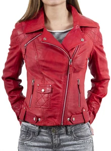 Royal Women Leather Jacket Genuine Lambskin Motorcycle Biker Red - Picture 1 of 4
