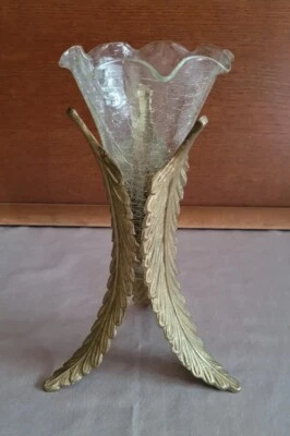 Ancien Vintage Bouquetière Centre de Table Support Laiton Vase Cristal  H. 26 cm - Photo 1/4