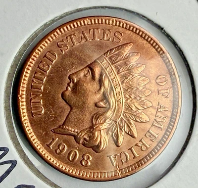1908 Indian Head US 1c ~ GEM BU Uncirculated ~ All Red ~ AWESOME ~ G55k - Image 1 of 4