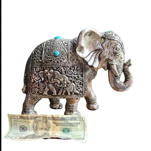 Indian Silver Plate Elephant Figurine 8″H x10″L x5″W Turquoise Accents - Picture 1 of 10