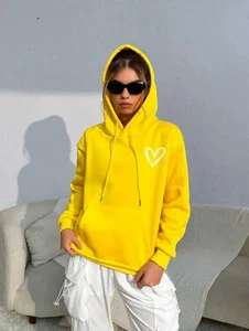 Women Printed Hooded Neck Yellow Sweater Indian Designer Beautiful Tunic Hoodie - Picture 1 of 5