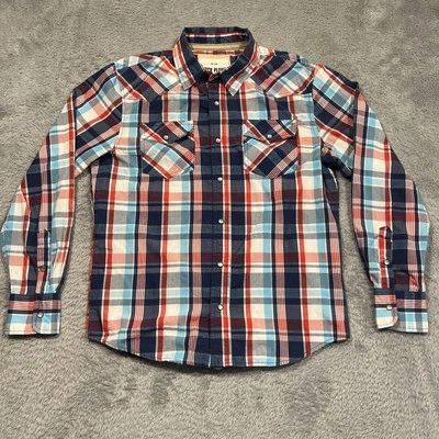 Ditch Plains Western Shirt Men’s L Blue Plaid Pearl Snap Roll Tab Long Sleeve - Image 1 of 4