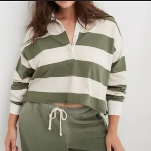 NUEVO CON ETIQUETAS Camisa Polo Aerie Para Mujer Mediana Deportiva Preparación Rugby Oliva Rayas Manga Larga M - Imagen 1 de 17