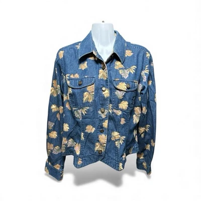 Villager Sport Women’s Medium Top Blue Denim Long Sleeve Leaf Graphic Jean Shirt - Image 1 of 4