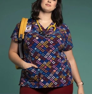 WonderWink Womens M Geometric Print Scrub Top V Neck Short Sleeve Floral Aztec - Picture 1 of 9