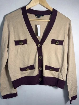 Cárdigan Preppy Colorblock Botones Dorados Beige Ciruela Borde Ann Taylor M Nuevo con Etiquetas Foto 1 de 4