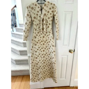 Vintage 1960s Cream Wool & Tan Polka Dot Maxi Hostess Gown - Picture 1 of 7
