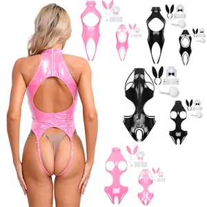 Womens Bodysuit With Rabbit Ear Clubwear Patent Leather Lingerie Bodycon Teddy - Picture 1 of 43