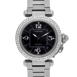Cartier Pasha 2324 35mm Auto Custom 1.75ct VS Diamond Bezel Black Dial Steel C&B - Picture 1 of 9