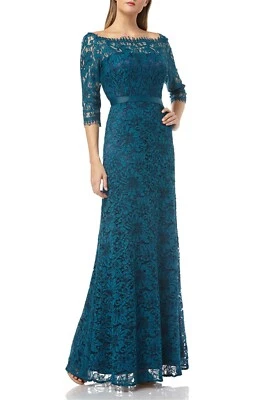JS COLLECTIONS Turquoise Navy Teal Lace Sheer Sleeve Yoke Mermaid Maxi Gown 14 - Image 1 of 4