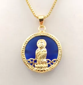 Blue Multicolor Green Purple Opal 18KGP Guanyin Kwan-yin Round Pendant Necklace - Picture 1 of 76
