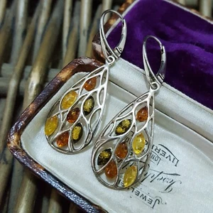 Vintage 925 Sterling Silver Earrings, Natural Baltic Amber Dangle Earrings - Picture 1 of 6