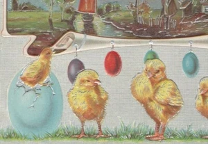 1910 Ostergrüße Küken Hängeeier Boot Silber geprägt Postkarte E751 - Bild 1 von 3