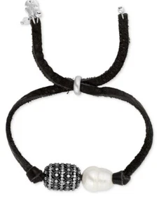 $39 Lucky Brand silver tone imitation pearl pave & leather slider bracelet LC 60 - Picture 1 of 8