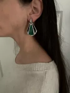 Vtg. Signed YAMADA Tokyo Art Deco Revival Rhinestone Malachite earrings - Picture 1 of 9