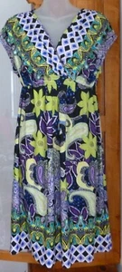 VESTIDO Stretch Empire Cuello en V Dividido Cachemira, Floral, Geométrico Púrpura Lima Aqua M - Imagen 1 de 2