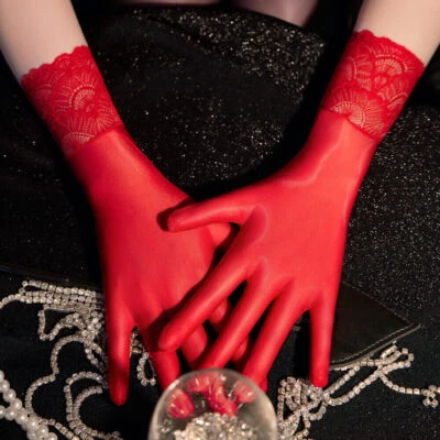 Women's Oil Shiny Glossy Short Gloves Lace Sheer Touchscreen Evening Party Glove - Image 1 of 2