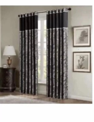 Set of 2 Black & Gold Paisley Motif Window Panels - Rod Pocket or Back Tab Top - Image 1 of 3