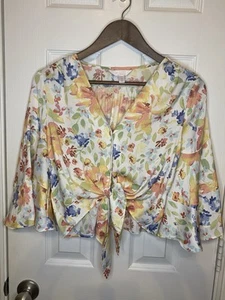 LC Lauren Conrad Shirt Blouse Top Crop White Floral Boho  Soft Women's Small - Picture 1 of 3