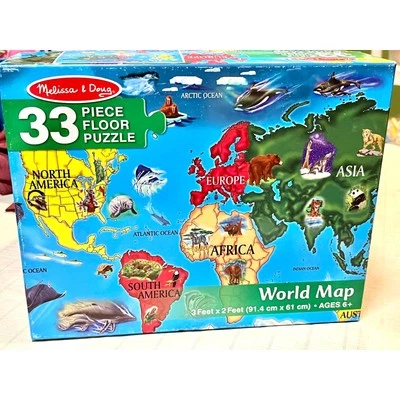Melissa & Doug 33 piezas. Rompecabezas de piso World Map usado 3 pies x 2 pies Foto 1 de 4