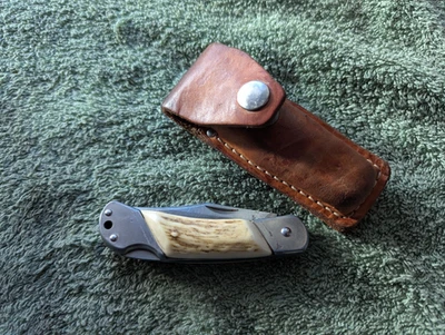 Vintage KERSHAW BLACK GULCH 3120 Lockback Folding Knife Stag Scales Leather Case - Image 1 of 4