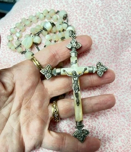 Französischer antiker filigraner Rosenkranz aus Perlmutt Sterlingsilber handgefertigt 21 Zoll - Bild 1 von 20