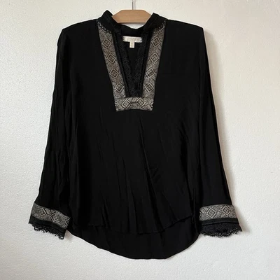 Etcetera 女式 M Popover 衬衫长袖 V 领波西米亚农民黑色 — 第 1/4 张图片