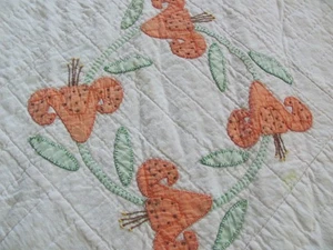 Vintage appliqued floral wreath quilt hand quilted lilies roses morning glories - Picture 1 of 15