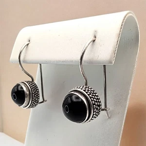 Round Black Onyx Sterling Silver 925 Drop Hook Pierced Earrings Classic - Picture 1 of 7